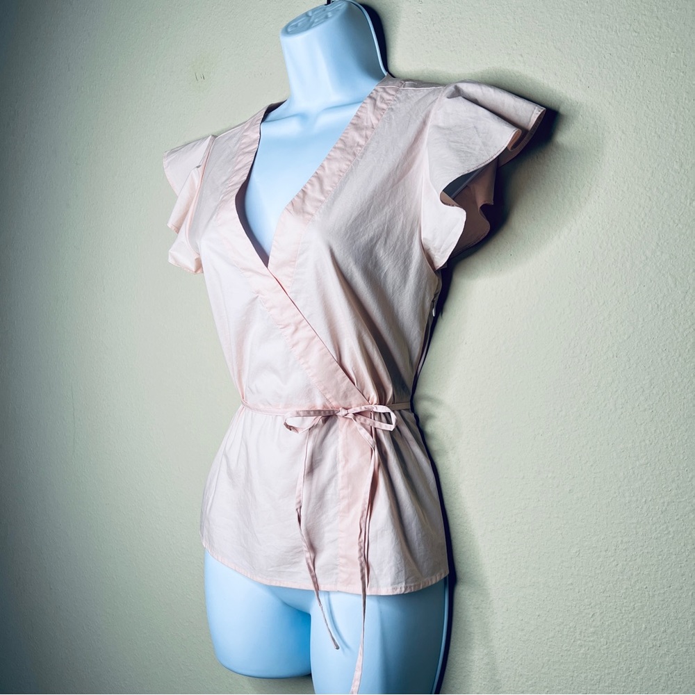 J CREW Pink Poplin Flutter-Sleeve Wrap Top - J3968 - Sz 0 - Picture 7 of 13